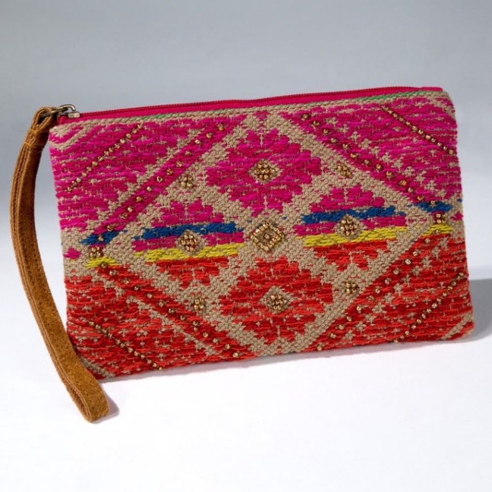 Handmade Hand Beaded Wristlet Clutch - Ethnic Inspired Design - Dyed Fine Cotton - Picture 3 of 7